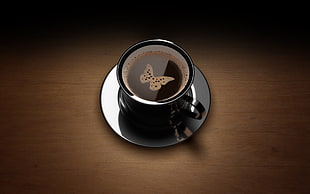 black coffee cup with saucer illustration HD wallpaper